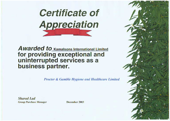YEAR 2003 CERTIFICATE OF APPRECIATION FROM PROCTER & GAMBLE (U S A)