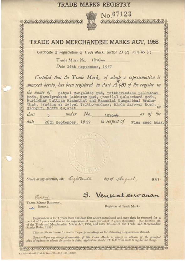 YEAR 1957 : Renewal Of Registration For Deer Brand Sat-Isabgol On 24.09.1957 At Trade Mark Registry, Mumbai ( India )